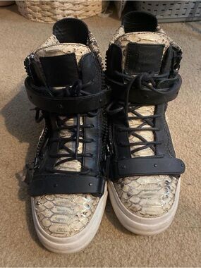 Giuseppe Zanotti High-Top Sneakers with Beige Snake-Print Panels